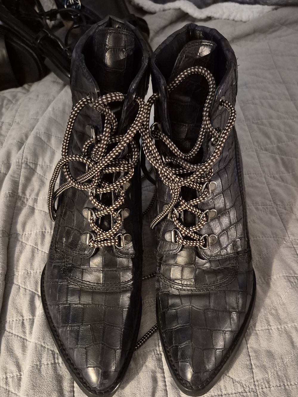 Stuart Weitzman Black Croc-Embossed Pointed Lace-Up Ankle Boots